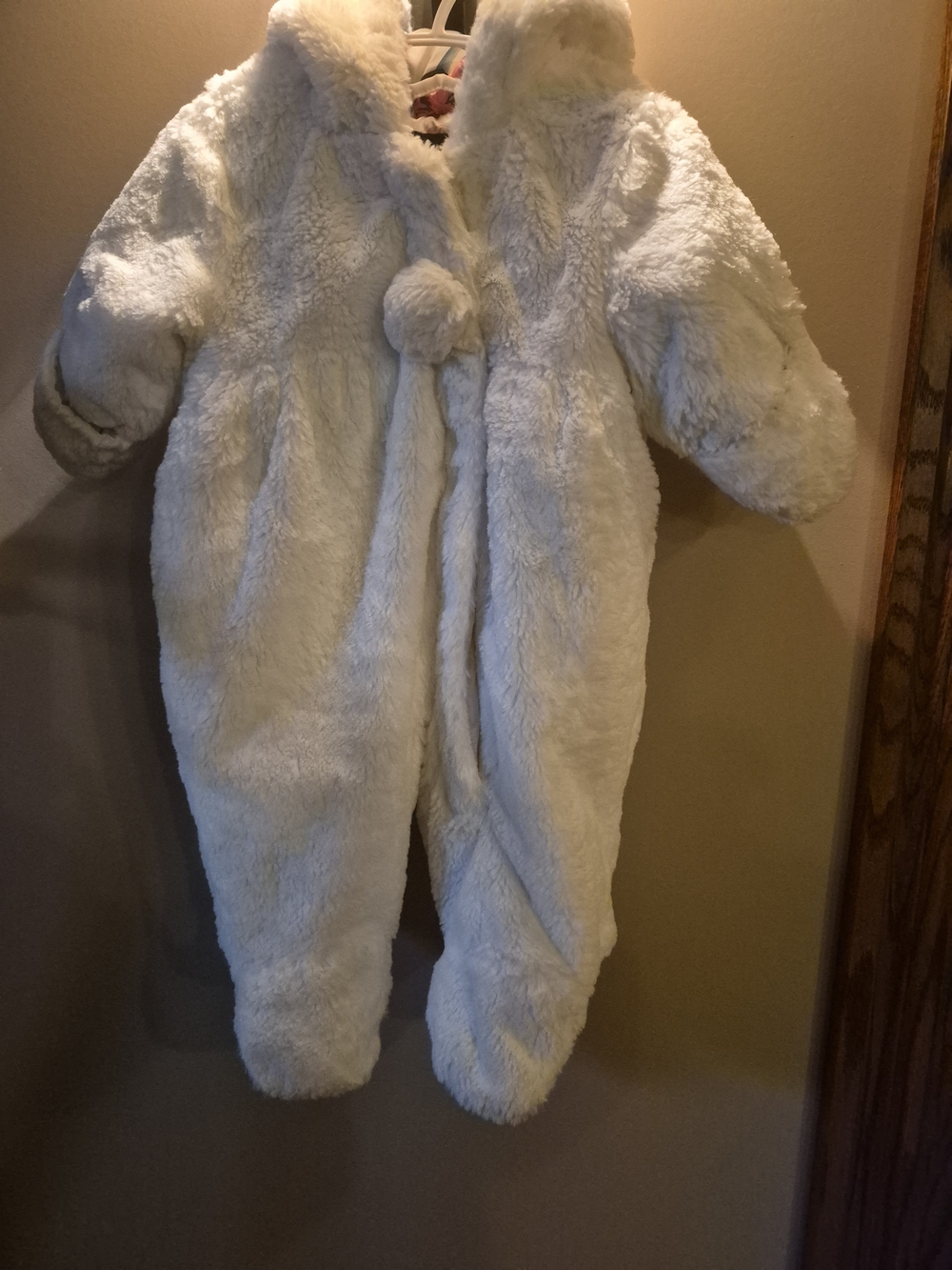 Vintage Rothschild Cream Plush Hooded Baby One-Piece with Pom Detail